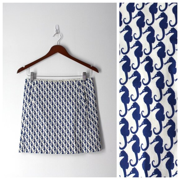 J Crew Mini Skirt with pockets size 0 cute seahorse print white navy - Picture 1 of 9